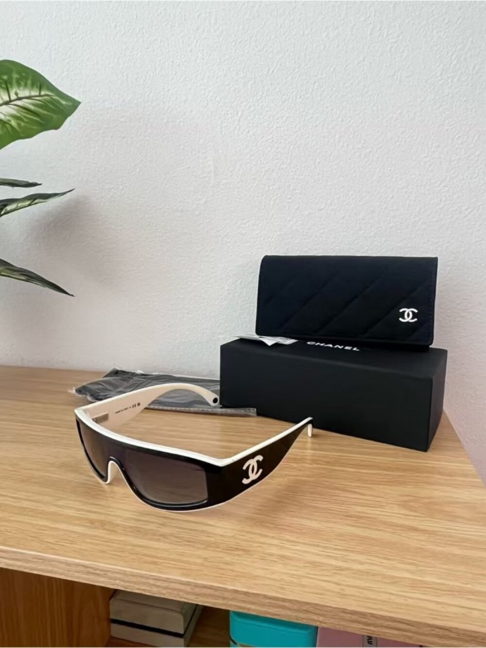 CHANEL Black White Rectangle CC Logo Wrap Sunglasses